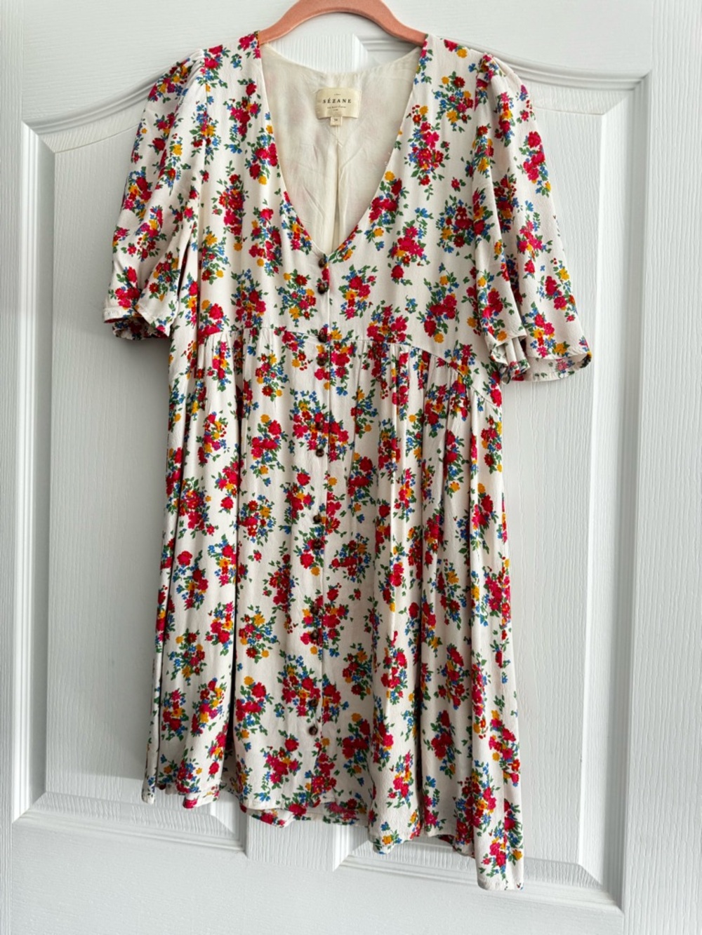 Sezane Cream Floral V-Neck Dress